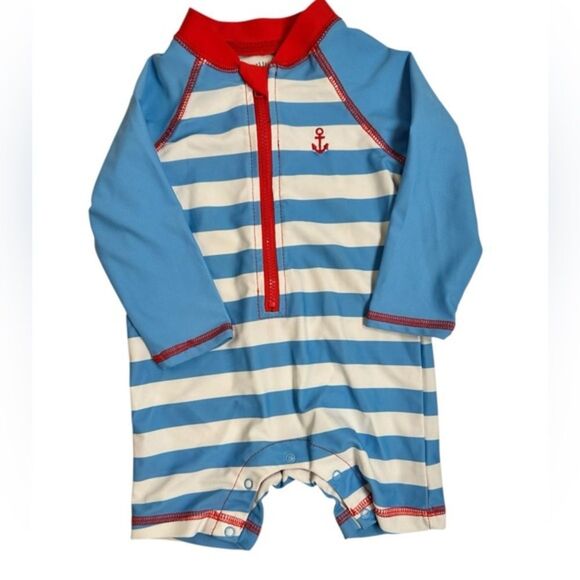 NWOT Little Me Toddler Boys Blue/White Rash Guard One Piece Swimsuit - Size 12M - Picture 1 of 6